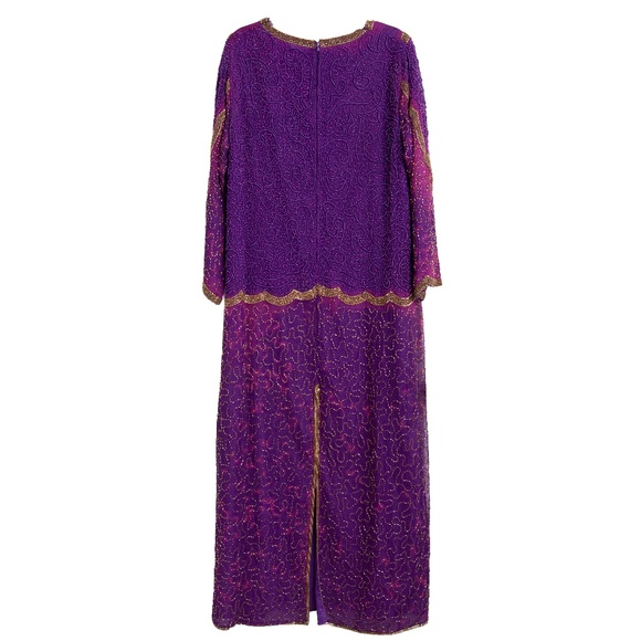 VTG Beaded Purple 100% Silk Plus Size Flapper Dress French Long Sleeve Floor - Picture 5 of 8